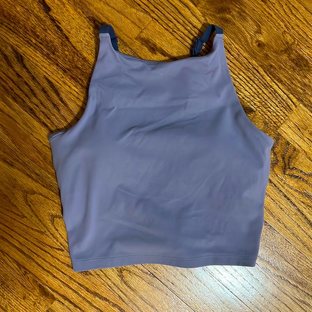 Athleta high neck crop bra with cup inserts, adjustable straps & super cute back